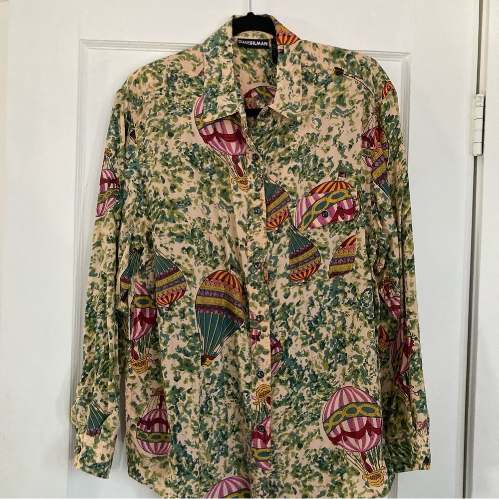 Vintage 90s silk Diane Gillman Hot Air Balloon novelty blouse button up size L - Picture 2 of 12